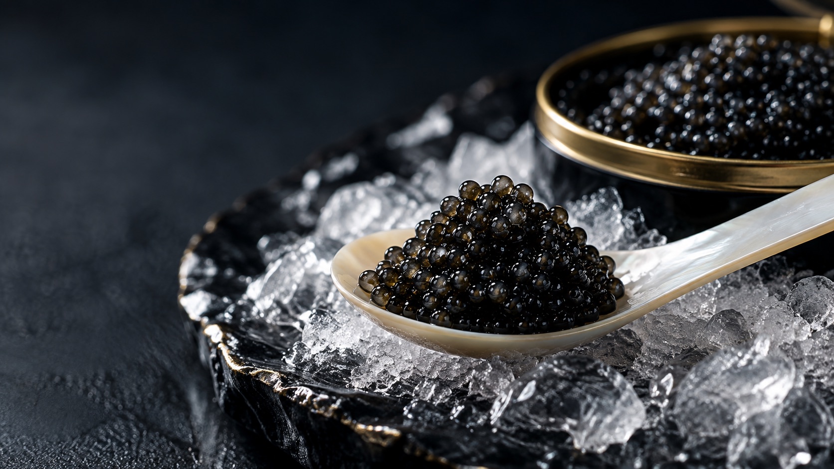 Caviar noir dans une cuillère en nacre, sur glace pilée