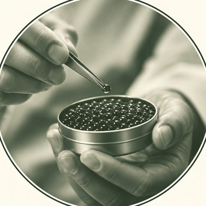 Grain de caviar prélevé à la pince pour contrôle