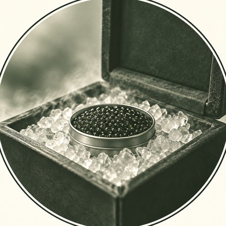 Boîte de caviar sur glace pilée, dans un coffret isotherme
