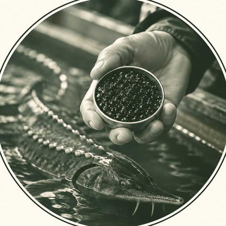 Main tenant une boîte de caviar au-dessus d’un esturgeon, dans un bassin d’élevage